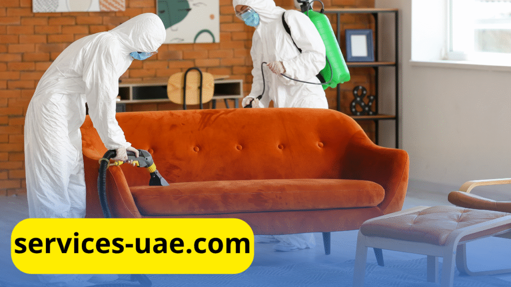 عمال نظافة من شركة تنظيف شقق في الفجيرة يقومون بتنظيف غرفة معيشة باستخدام معدات حديثة