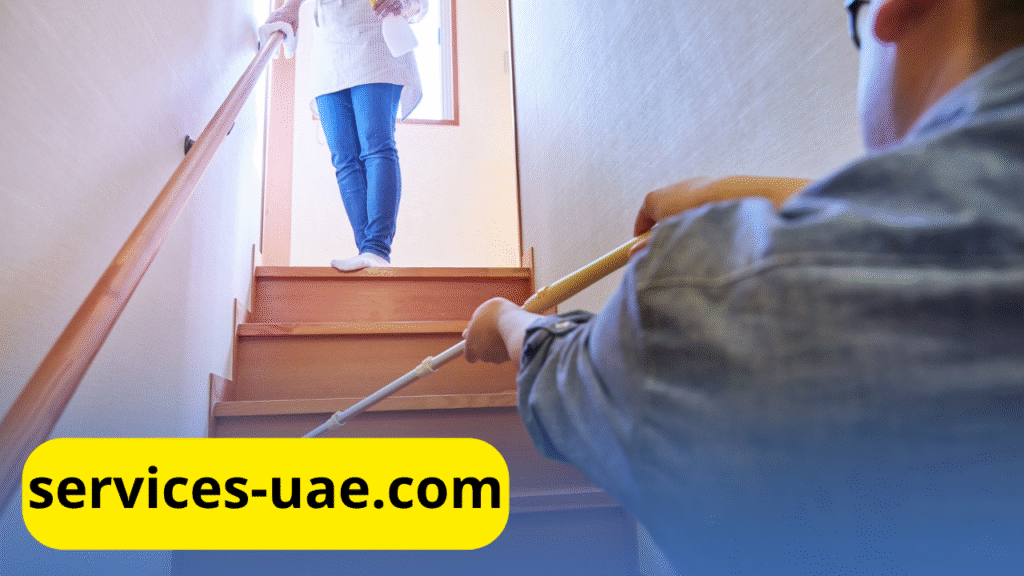 عامل من شركة تنظيف شقق في ابوظبي يرتدي زي الحماية أثناء تعقيم الشقة
