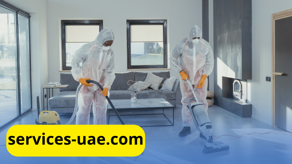 فريق من العمال يرتدي بدلات واقية لتنظيف المنازل في الفجيرة، مع استخدام معدات متطورة لتنظيف الأسطح والفراغات.