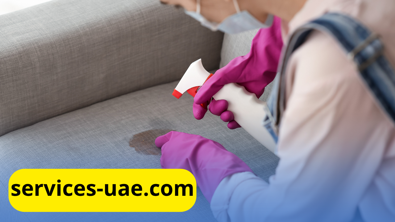 عاملة ترتدي قفازات تنظف بقعة على أريكة باستخدام بخاخ ضمن خدمة شركة تنظيف كنب في راس الخيمة.