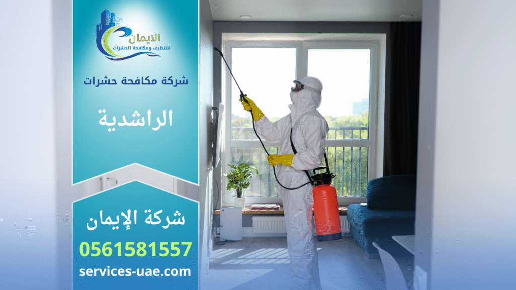 فريق شركة مكافحة حشرات في الراشدية يستخدم معدات حديثة لرش المبيدات داخل منزل للقضاء على الحشرات بسرعة وكفاءة.