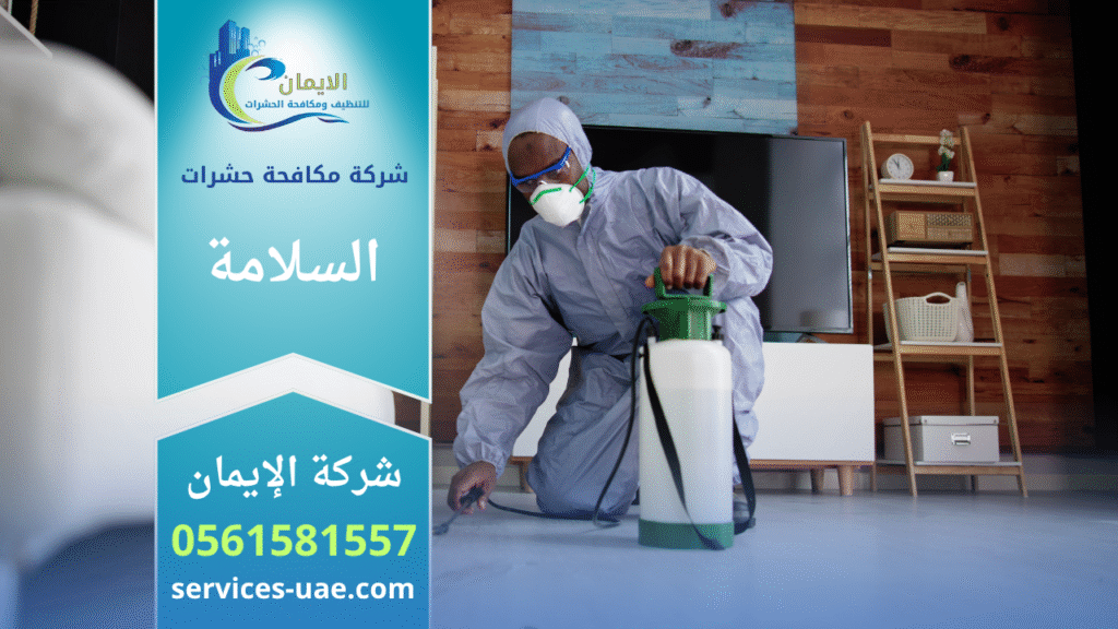 فريق متخصص من شركة مكافحة حشرات في السلامة يستخدم أجهزة رش حديثة داخل منزل للقضاء على الحشرات بسرعة وبأمان تام.