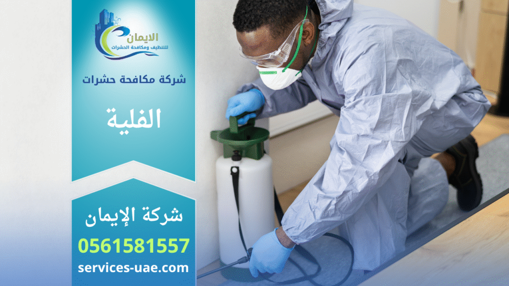فريق محترف من شركة مكافحة حشرات في الفلية يقوم برش المبيدات داخل منزل باستخدام أجهزة حديثة لضمان القضاء التام على الحشرات بسرعة وأمان.