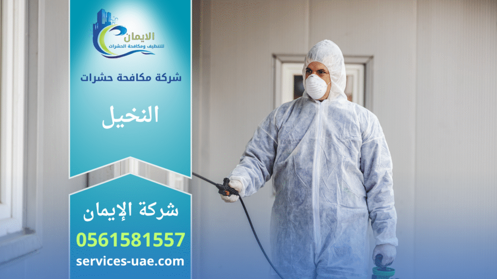 فريق محترف من شركة مكافحة حشرات في النخيل يقوم برش المبيدات داخل منزل باستخدام أجهزة حديثة ومواد آمنة لضمان القضاء الكامل على الحشرات بسرعة وكفاءة.