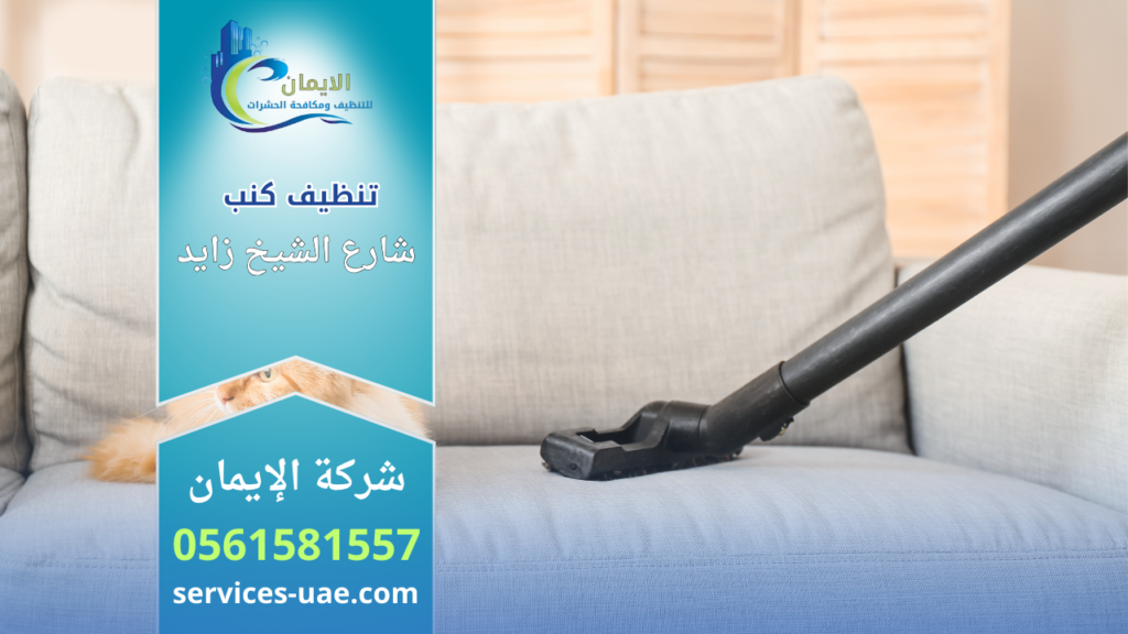 مُكنسة كهربائية تقوم بتنظيف كنب قماشي داخل غرفة المعيشة ضمن خدمة شركة تنظيف كنب في شارع الشيخ زايد.